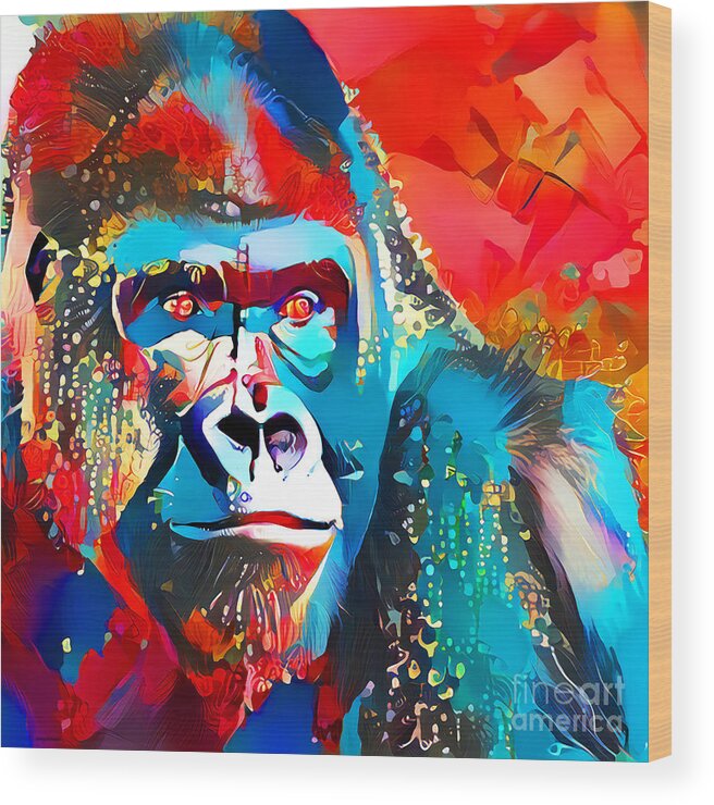 Wingsdomain Wood Print featuring the photograph Silverback Gorilla in Vibrant Contemporary Art 20210715 square by Wingsdomain Art and Photography