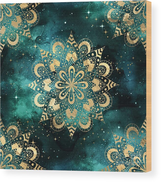 Watercolor Wood Print featuring the digital art Sirana - Teal Gold Watercolor Mandala Galaxy Dharma Pattern by Sambel Pedes