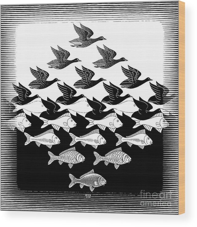 Birds Wood Print featuring the drawing Sky and Water by MC Escher