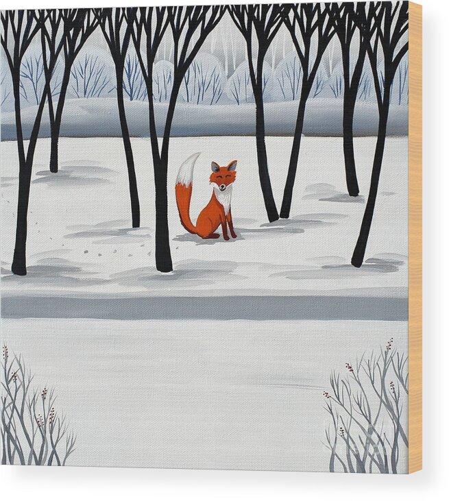 Fox Wood Print featuring the painting Smiling Fox  woodland animal cute by Debbie Criswell
