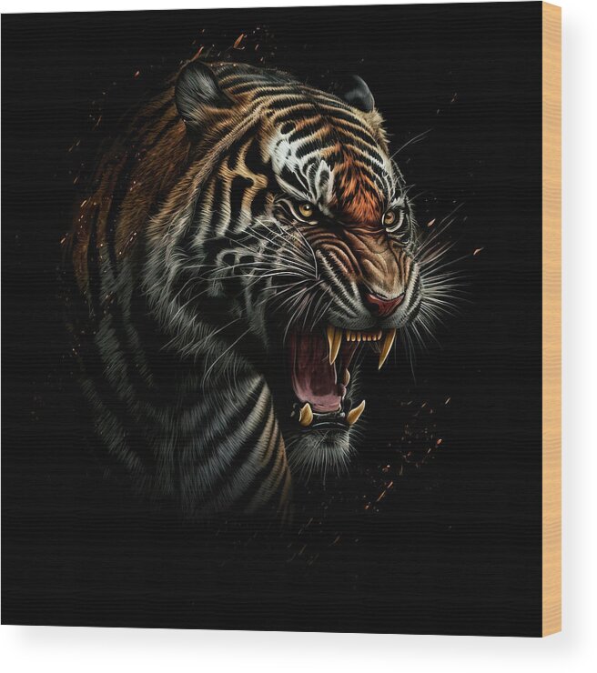 Tiger Wood Print featuring the digital art Snarling Tiger by Daniel Eskridge