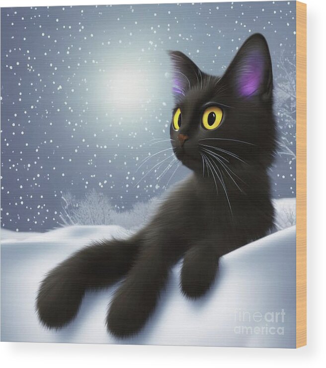 Snow; Kitty; Cat; Black Cat; Moon; Snowbank; Digital Art; Square; Children's Art; Wood Print featuring the digital art Snow Kitty by Tina Uihlein