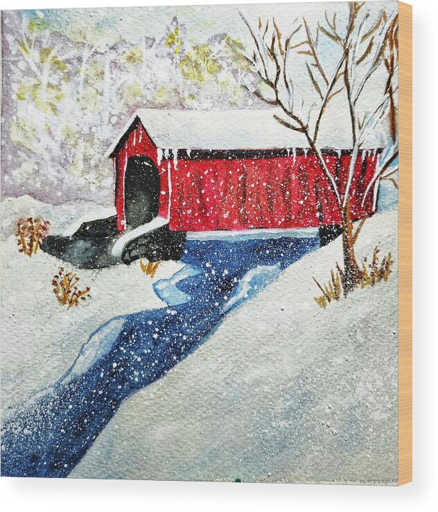 Snowy Wood Print featuring the painting Snowy Covered Bridge by Shady Lane Studios-Karen Howard