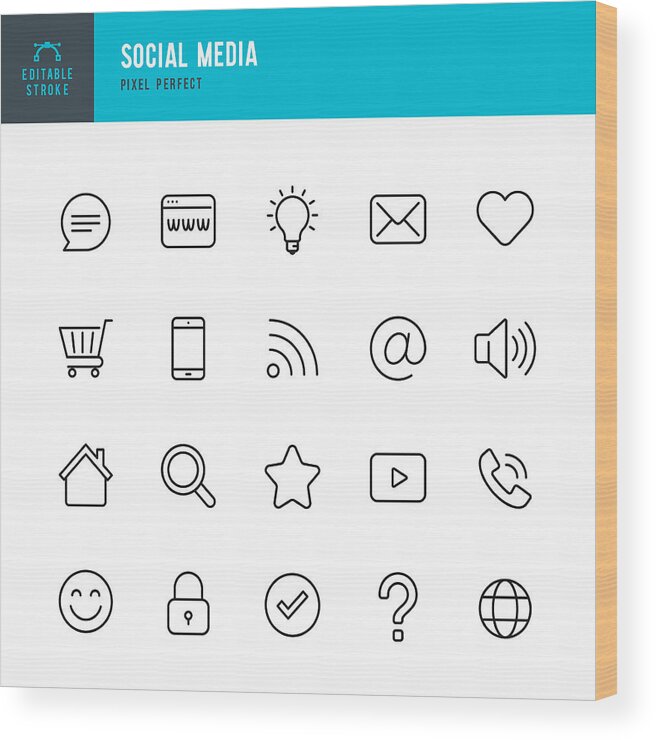 Internet Wood Print featuring the drawing Social Media - thin line vector icon set. Pixel perfect. Editable stroke. The set contains icons Shopping Cart, Home, Check Mark, E-Mail, Globe, Lock, Question Mark, Magnifier, Message. by Fonikum