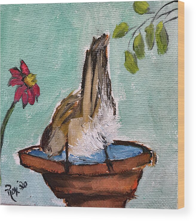 Bird Wood Print featuring the painting Sparrow on a Birdbath by Roxy Rich