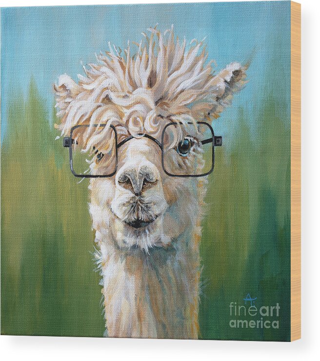 Alpaca Wood Print featuring the painting Specs Appeal - Alpaca painting by Annie Troe