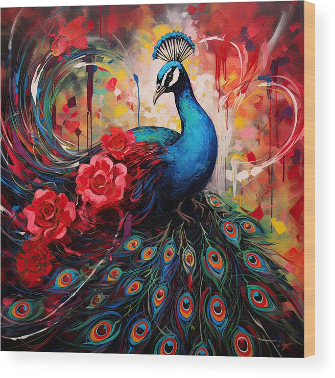 Colorful Peacock Wood Print featuring the painting Splendor Of Love And Glory - Peacock Colorful Artwork by Lourry Legarde