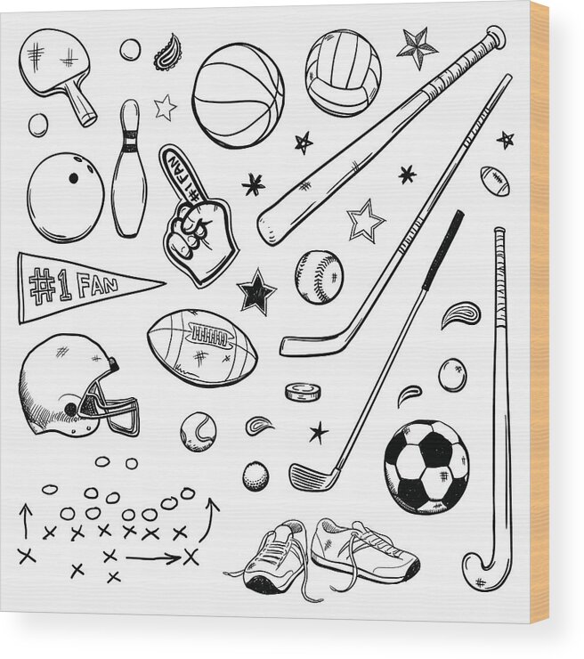 Tennis Wood Print featuring the drawing Sports doodles by Enjoynz