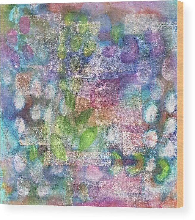 Flower Wood Print featuring the mixed media SPRING GARDEN Abstract Collage in Aqua Pink Purple Green by Lynnie Lang