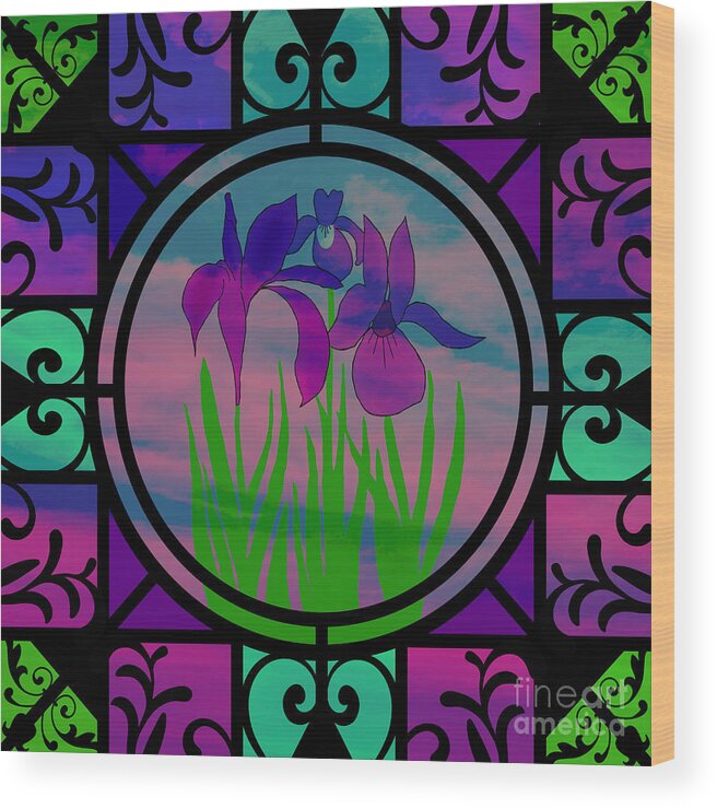 Irises Wood Print featuring the mixed media Stained Glass Irises by Diamante Lavendar