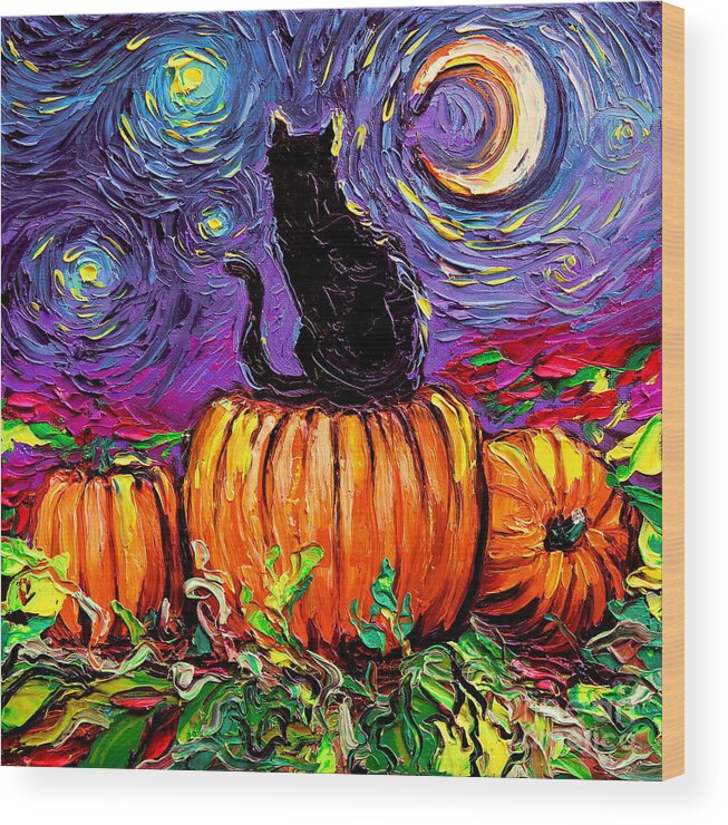 Cat Wood Print featuring the painting Starry Hallow's Eve by Aja Trier