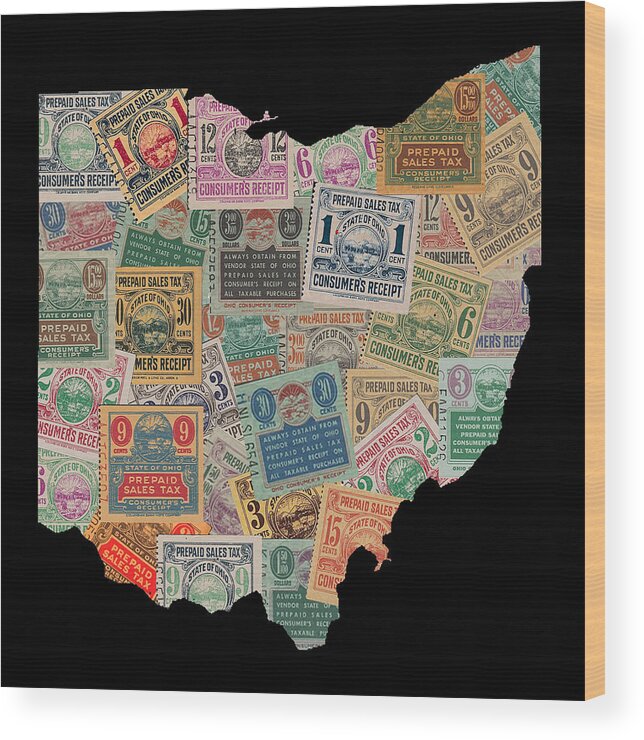 Ohio State Wood Print featuring the mixed media State of Ohio Sales Tax Stamps on Black Background by Pheasant Run Gallery