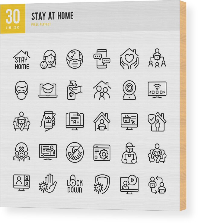 Working Wood Print featuring the drawing STAY AT HOME - thin line vector icon set. Pixel perfect. The set contains icons: Stay at Home, Social Distancing, Quarantine, Video Conference, Working At Home, E-Learning. by Fonikum