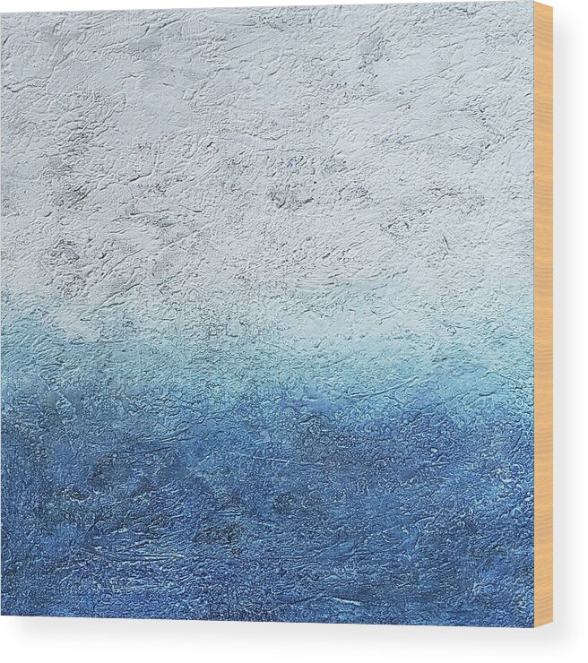 Blue Wall Art Wood Print featuring the painting STORMY HORIZON Coastal Abstract in Blue and White by Lynnie Lang