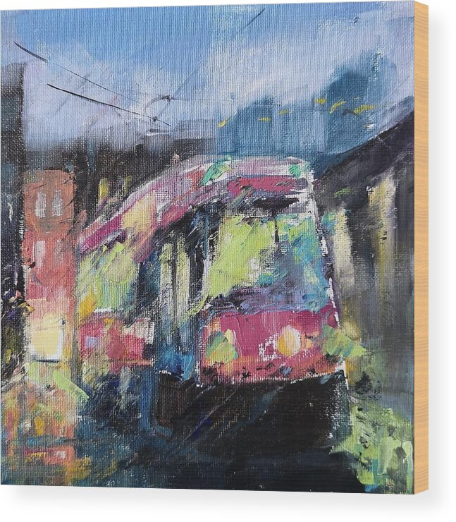 Streetcar Wood Print featuring the painting Streetcar 7pm by Sheila Romard