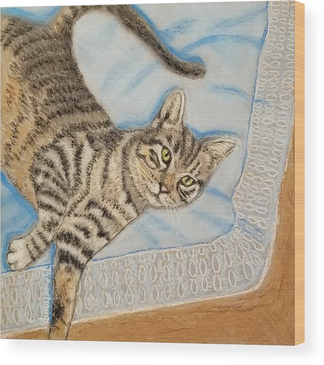 Stripes Wood Print featuring the pastel Striped Cat by Nancy Beauchamp