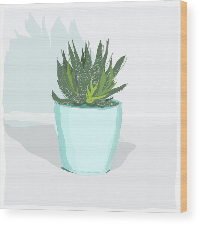 Cactus Wood Print featuring the drawing 0065-Succulent Blue by Anke Classen