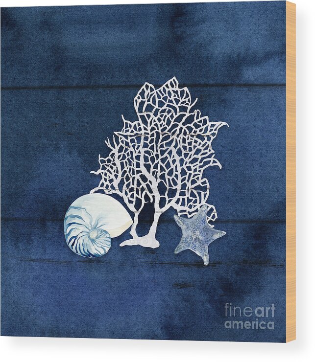 Summer Seas Wood Print featuring the painting Summer Seas 8 Nautilus Shell Starfish and Fan Coral Navy and White by Audrey Jeanne Roberts