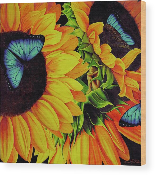 Kim Mcclinton Wood Print featuring the painting Blue Morpho Sunflower Dream by Kim McClinton