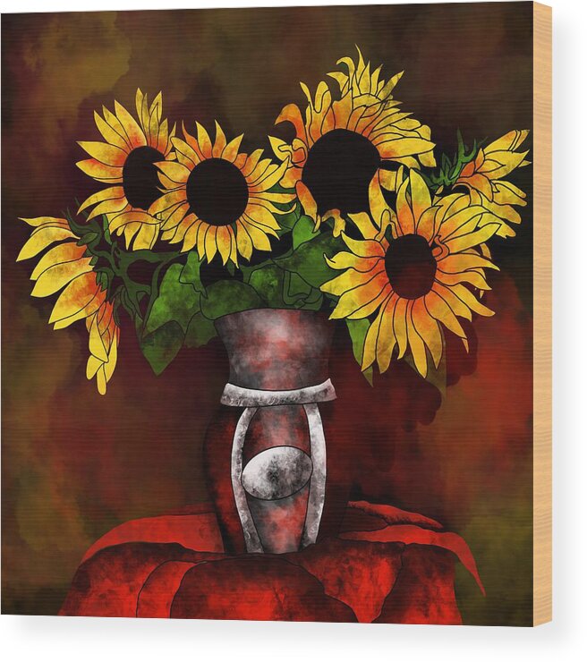 Sunflower Wood Print featuring the photograph Sunflowers in a vase on dark background by Patricia Piotrak