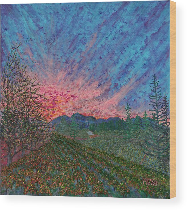 Sunrise Wood Print featuring the painting Sunrise at Betsy's farm. Williams, Oregon. by ArtStudio Mateo