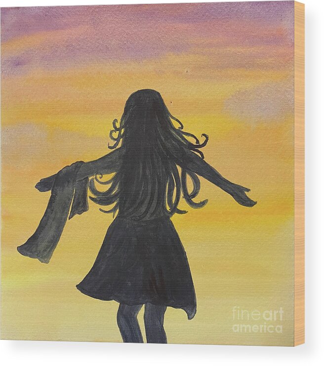 Sunset Wood Print featuring the painting Sunset Girl by Lisa Neuman