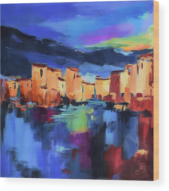 Cinque Terre Wood Print featuring the painting Sunset Over the Village by Elise Palmigiani