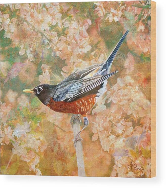 American Robin Wood Print featuring the painting Surrounded In Bloom by Angeles M Pomata