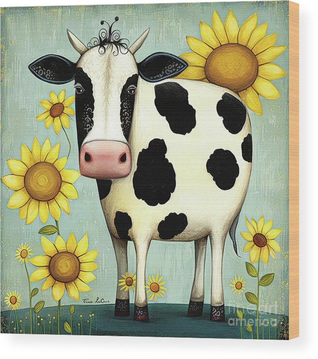 Cow Wood Print featuring the painting Sweet Sunflower Cow by Tina LeCour