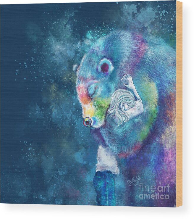 Bear Wood Print featuring the digital art Sympathy Bear Hug - Blue by Laura Ostrowski