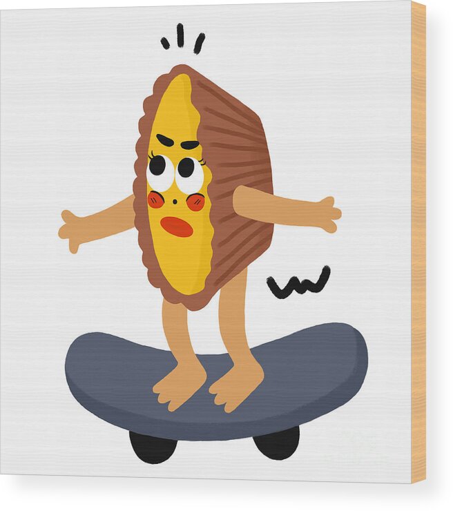 Egg Tarts Wood Print featuring the drawing Custard tart loves skateboarding by Min Fen Zhu