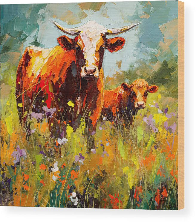 Texas Longhorn Wood Print featuring the painting Texas Longhorns in a Colorful Landscape by Lourry Legarde