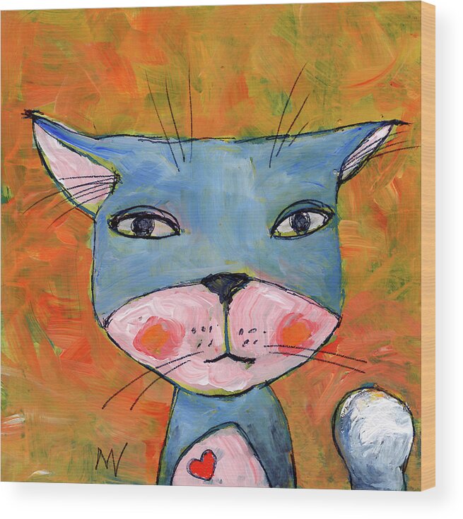 Valentine Wood Print featuring the mixed media The Cat's Meow by AnneMarie Welsh