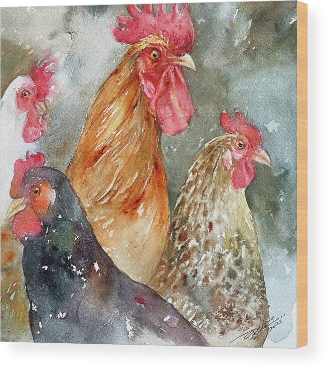 Chickens Wood Print featuring the painting The Flock_Chickens by Arti Chauhan