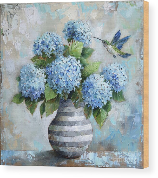 Hydrangeas Wood Print featuring the painting The Hummingbird And The Hydrangea's by Tina LeCour