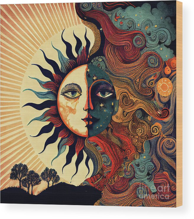 Moon Wood Print featuring the painting The Moon Says to the Sun by Mindy Sommers
