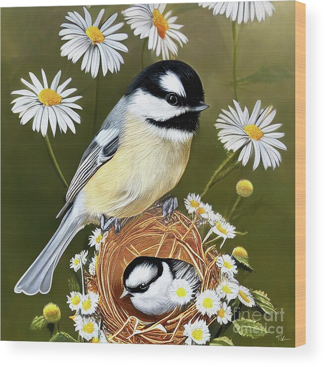 Black Capped Chickadee Wood Print featuring the painting The Nurturing Chickadee by Tina LeCour
