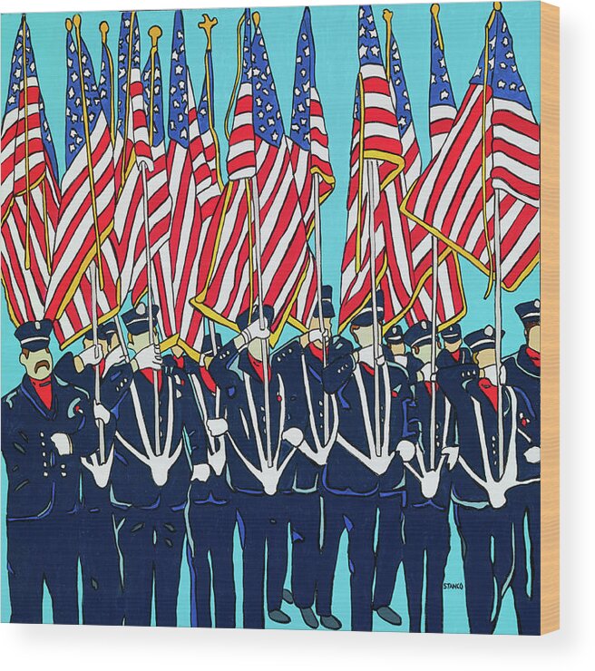 Usa Firemen Memorialday Flag America Americanflag Flags Parade Memorialdayparade Wood Print featuring the painting The Parade by Mike Stanko