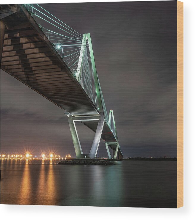 Charleston Wood Print featuring the photograph The Ravenel Bridge in the Blue Hour II by Douglas Wielfaert