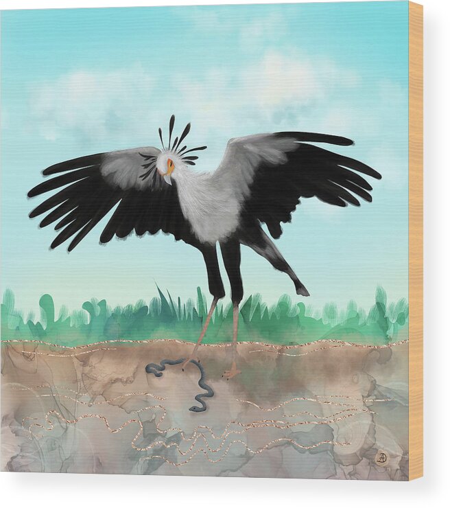 Secretary Bird Wood Print featuring the digital art The Secretary Bird Going After a Snake by Andreea Dumez