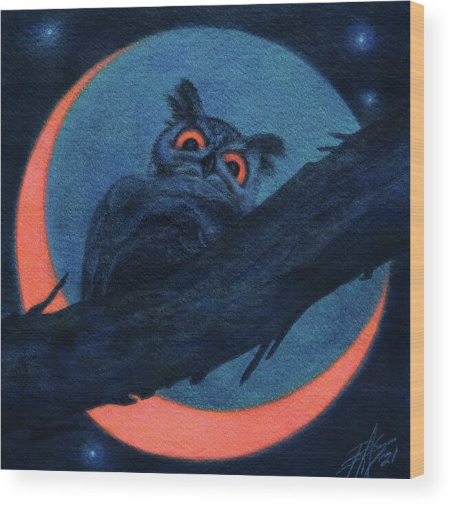 Owl Wood Print featuring the mixed media The Stare by Robin Street-Morris