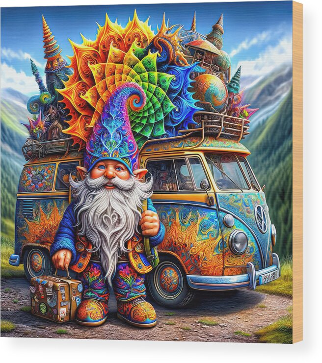 Gnome Wood Print featuring the digital art The Wandering Whimsy of Whiskerwick the Gnome by Bill and Linda Tiepelman
