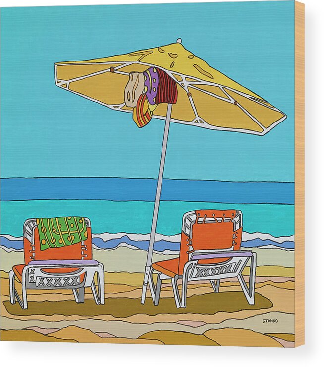 Beach Chairs Sand Ocean Water Summer Umbrella Wood Print featuring the painting The yellow umbrella by Mike Stanko