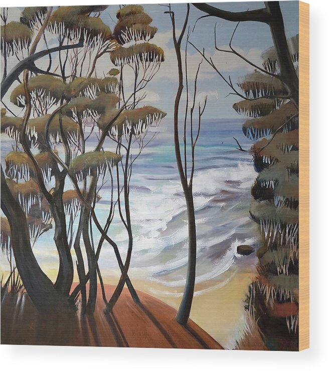 Shirley Peters Wood Print featuring the painting Through Trees to Coast by Shirley Peters