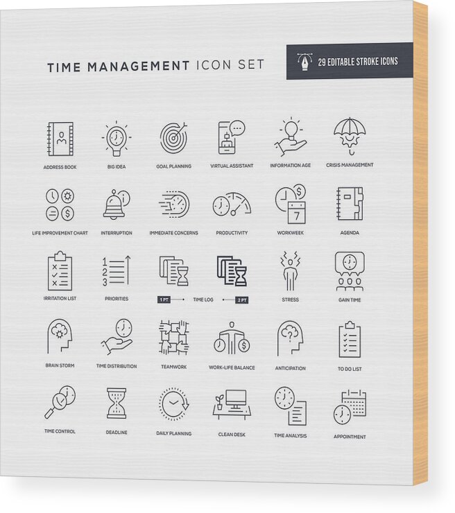 Working Wood Print featuring the drawing Time Management Editable Stroke Line Icons by Enis Aksoy