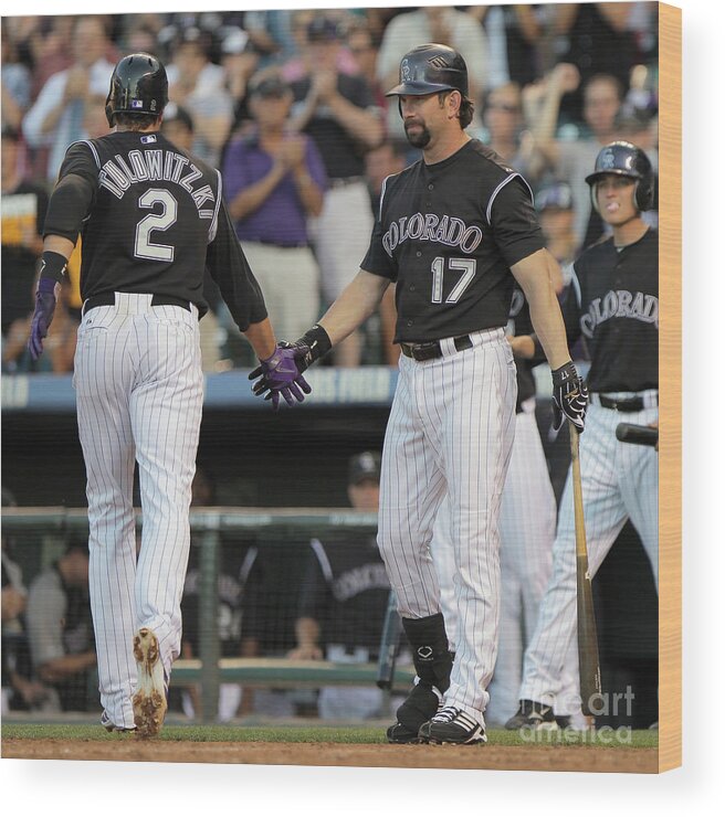 People Wood Print featuring the photograph Todd Helton, Troy Tulowitzki, and Anibal Sanchez by Doug Pensinger