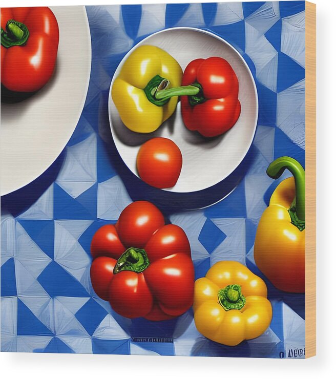 Fruit Wood Print featuring the digital art Tomatoes and Peppers by Katrina Gunn