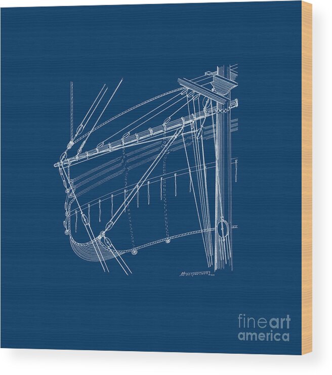 Sailing Vessels Wood Print featuring the drawing Top-mast yard and sail - blueprint by Panagiotis Mastrantonis
