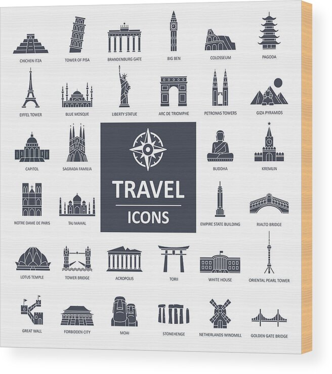 Chinese Culture Wood Print featuring the drawing Travel Landmark Icons - Thin Line Vector by Pop_jop