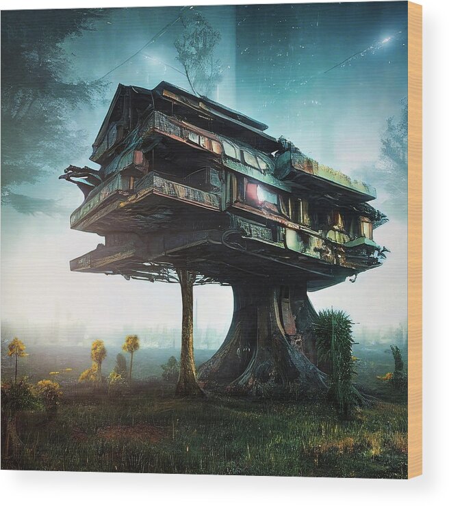 Treehouse Wood Print featuring the digital art Treehouse in the early morning mist by Micah Offman